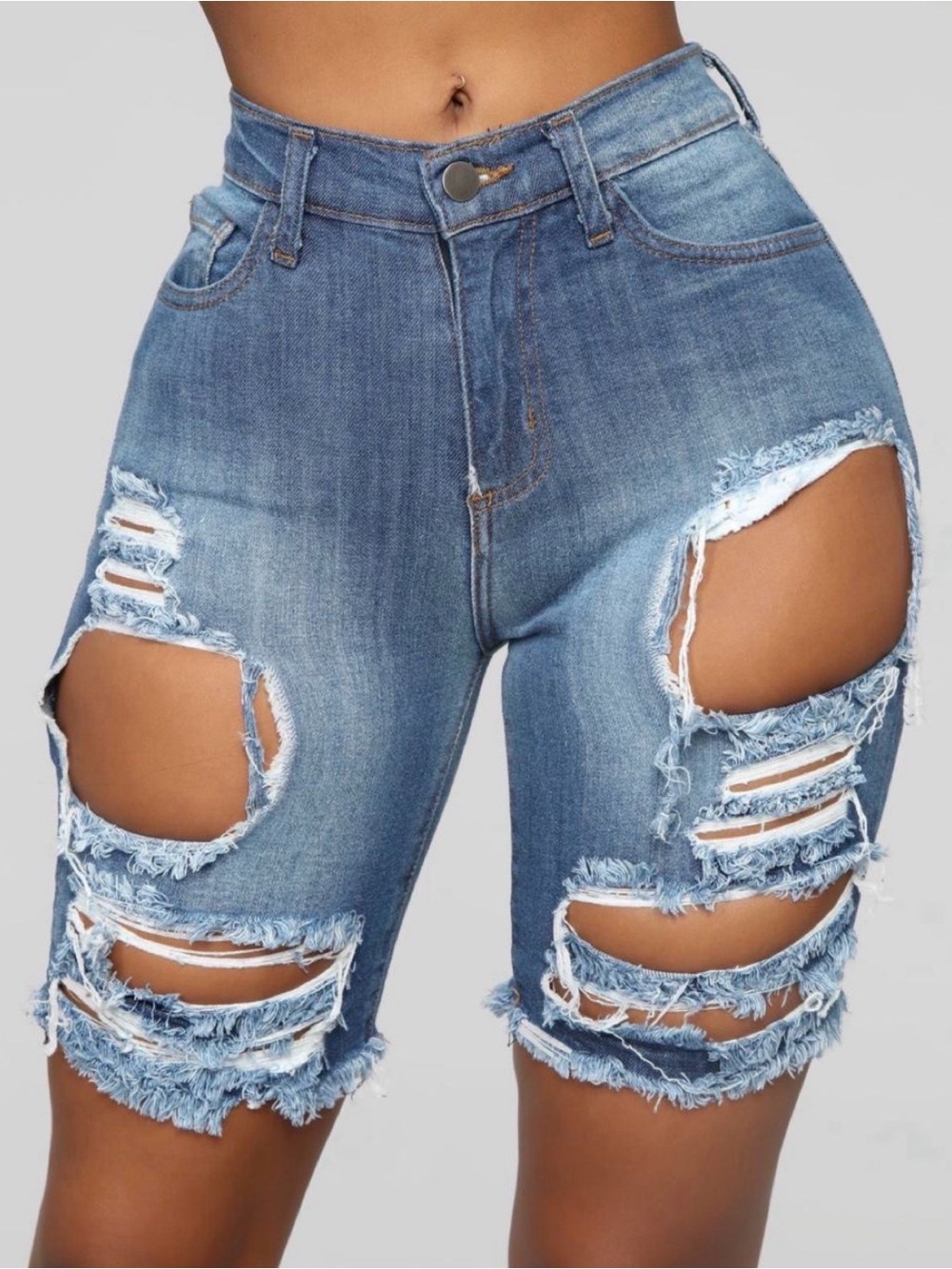 Fashion Nova Distressed Light Blue High-Rise Bermuda Shorts